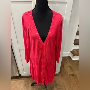 SOFT SURROUNDINGS Red Corset Front Lace Up Knit Tunic Top V-Neck Womens Large
